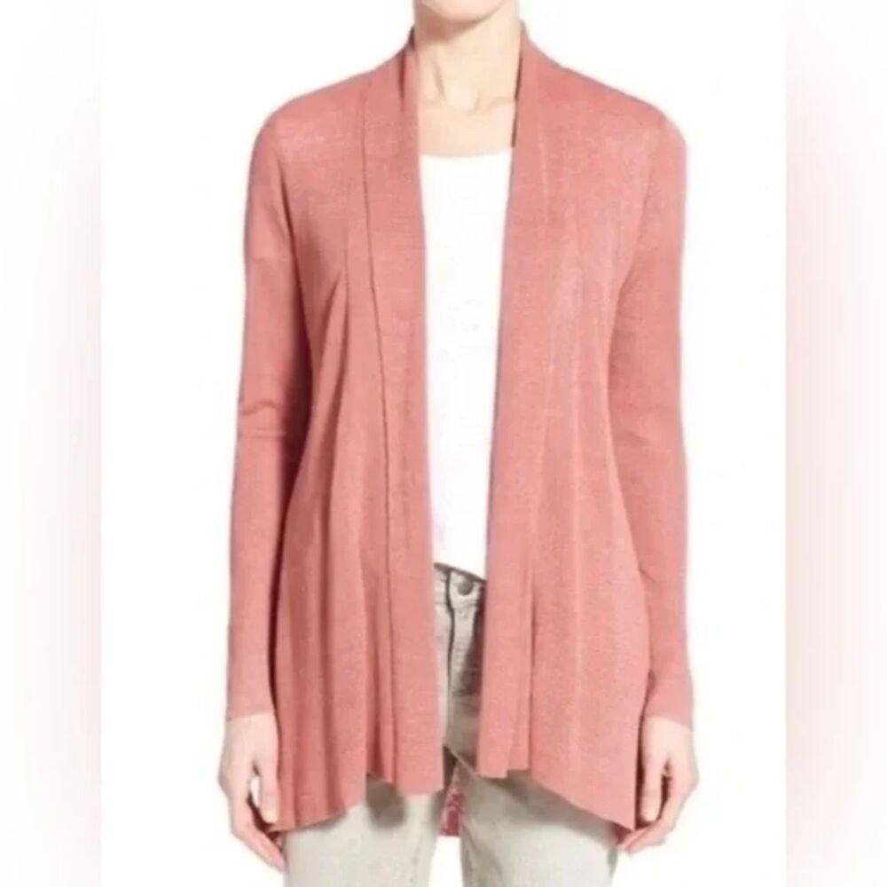 Eileen Fisher Organic Linen Open Front Long Line Cardigan - Salmon 1X
